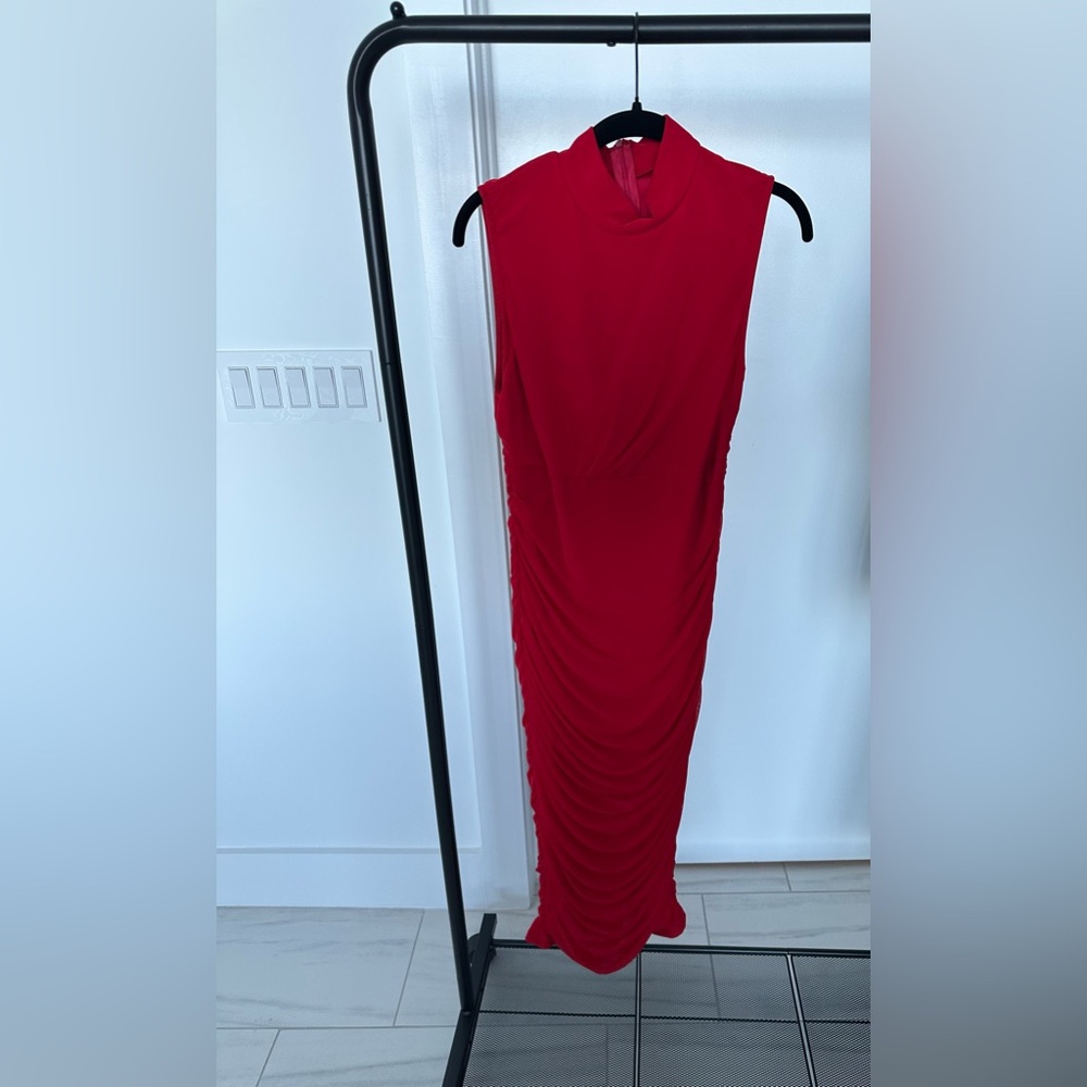 NWT | Women's Bodycon High Neck Sleeveless Ruched Midi Dress | XL | Red